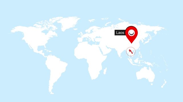 Laos Map Pin Location Animation Global World Map Concept