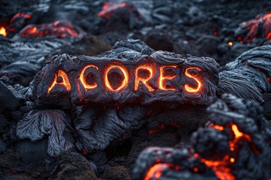 The word ACORES glowing in molten lava with a dark, volcanic landscape.