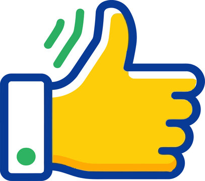 A large yellow thumbs up icon with a blue outline on a black background