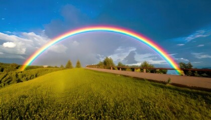 Fototapeta premium Vibrant Rainbow Arches Over Lush Green Landscape Under Cloudy Sky.