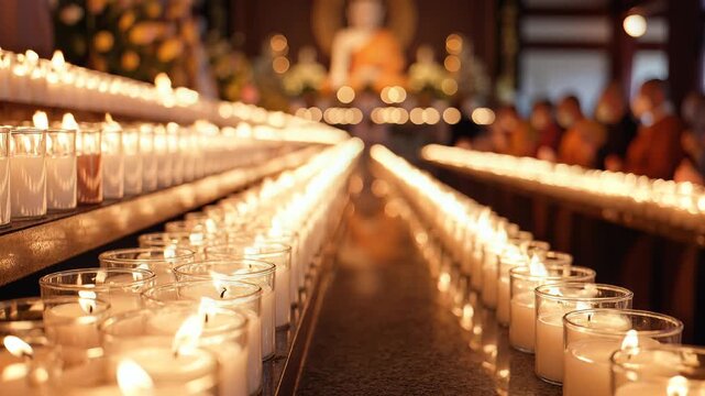 Rows of Lit Candles at Buddhist Temple for Buddha Purnima