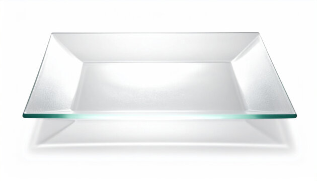 Clear glass rectangular serving platter with raised edges on a white background