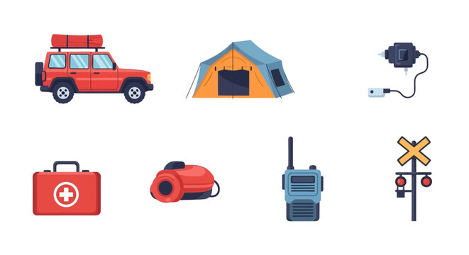 Emergency preparedness kit with rescue vehicle and tent setup