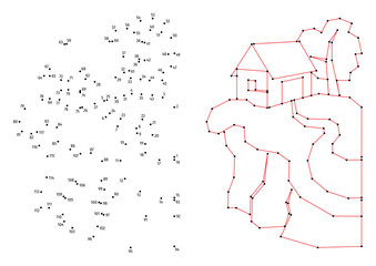 Obraz premium A house on a hill. Connect the dots educational drawing game. Dot to dot by numbers puzzle. Google Font Fira Sans Condensed.