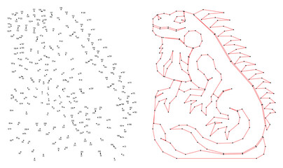Obraz premium An iguana sits on a rock. Connect the dots educational drawing game. Dot to dot by numbers puzzle. Google Font Fira Sans Condensed.