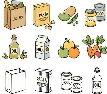 Cute Hand Drawn Grocery Food Icon Set with Color and Outline Versions &ndash; Grocery Bag, Pasta Box, Canned Food, Milk Carton, Olive Oil, Fruits and Vegetables Doodle Vector Collection