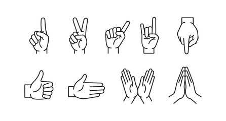 Minimal line art hand icons showing common signals like peace victory and prayer positions. © Joynab