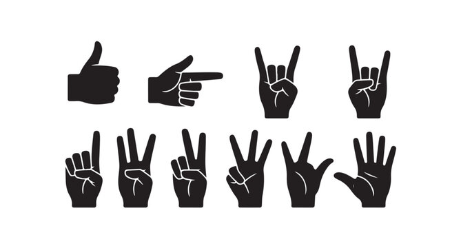 Various hand gestures collection showing different finger counts and common sign language.