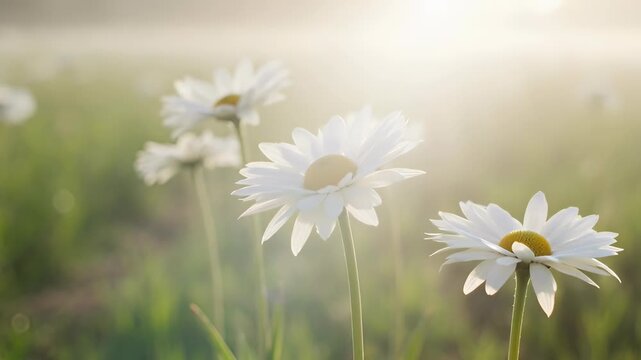 Daisy flower meadow morning sunlight soft bokeh warm petal stem white yellow peaceful natural bloom gentle calm spring sunlight rich scene