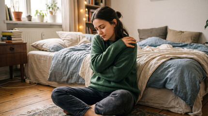 Obraz premium Woman sitting on floor next to bed with her hand on shoulder
