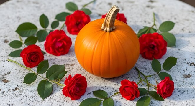 pumpkin and rose on the stone white