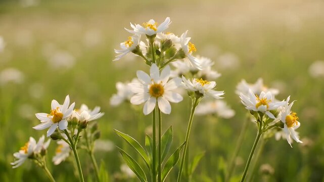 White daisy flower heads sunlit meadow with soft bokeh and warm golden light summer bloom petal stem white daisy flower meadow bathed warm sunlight creating peaceful natural summer scene white