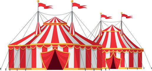Colorful Circus Tents with Red and White Stripes and Flags for Event, Festival, and Entertainment Designs © MdMojnu
