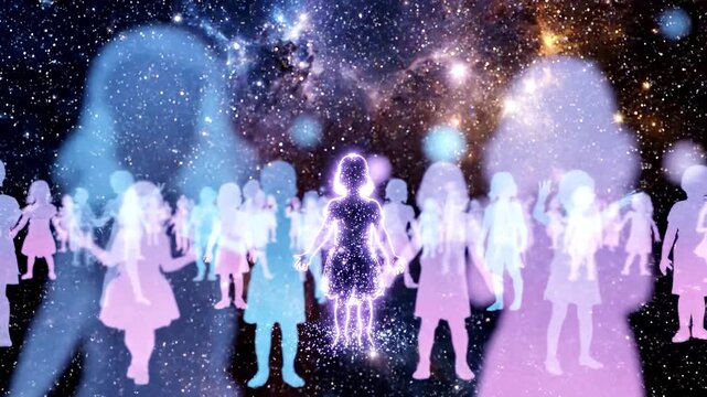 A vibrant, cosmic scene featuring numerous translucent, glowing human silhouettes in various pastel hues against a starry night sky with nebulae