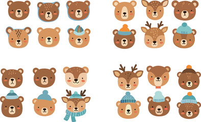 Obraz premium Cute Bear and Deer Face Characters Set with Winter Hats, Scarves and Cartoon Animal Illustration Collection