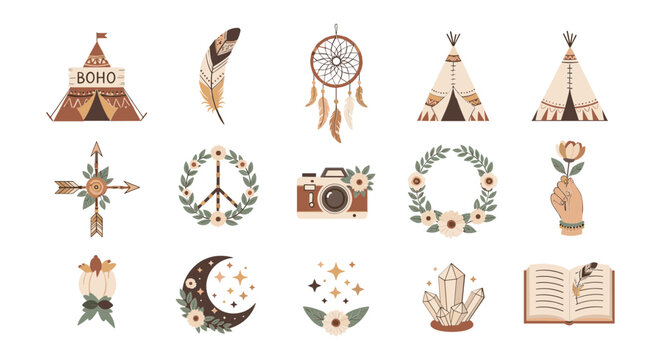 Boho Collection: Dreamcatcher, Teepee, Feather, Camera, Crescent Moon, Crystals, Book