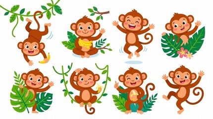 Obraz premium Set of Cute Cartoon Monkey Characters for Jungle Theme Designs and Children Vector Illustration