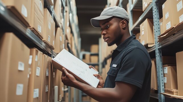 A man in a warehouse checking a box on a shelf