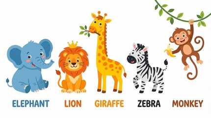 Obraz premium Cute Cartoon Safari Animals Set Illustration with Elephant Lion Giraffe Zebra and Monkey