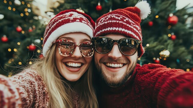 A happy couple wearing festive Christmas hats and sunglasses smile at the camera in front of a decorated tree.