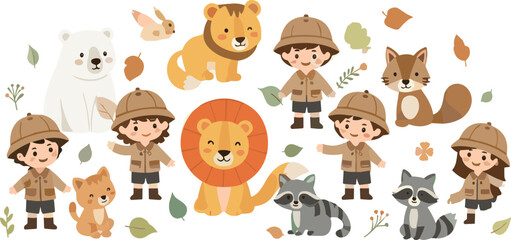 Fototapeta premium Cute Safari Explorer Kids and Wild Animals Cartoon Set with Lion, Raccoon, Fox and Adventure Illustration Collection