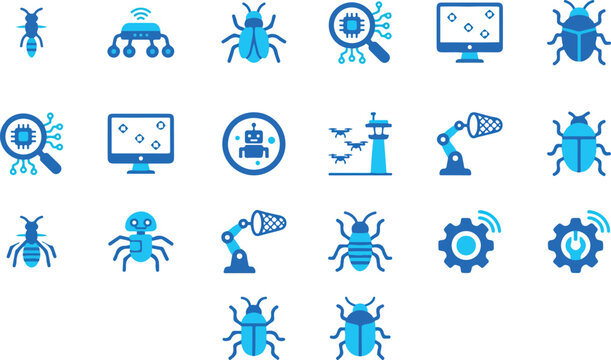 Technology and robotics icons with bugs and computer graphics