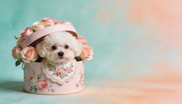 A cute fluffy dog nestled in a floral box, exuding charm and delight against a soft, colorful background.