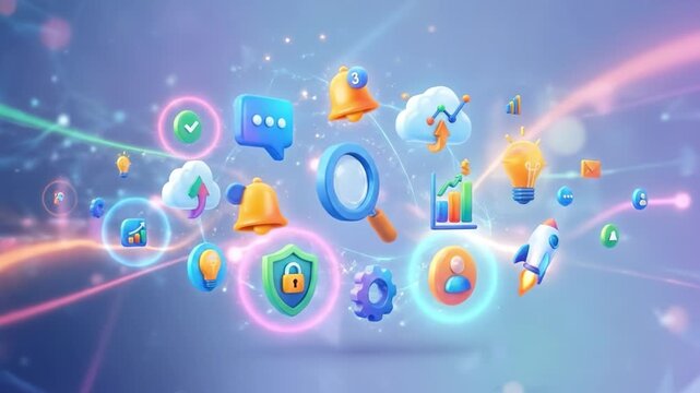 Digital icon cloud search shield notification lightbulb rocket chart gear user message symbols on glowing background with soft blue interface and modern data analytics theme