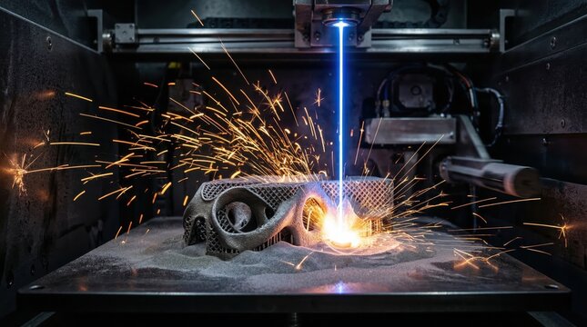 Macro shot of blue laser melting metal powder in 3D printer