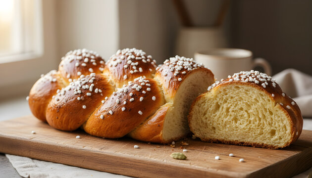 Braided pulla bread with pearl sugar on cutting board
