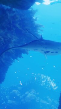 A stingray glides through the water close to rocks and coral. The sunlight filters down, creating patterns on the ocean floor. Small fish swim nearby, exploring the surroundings.
