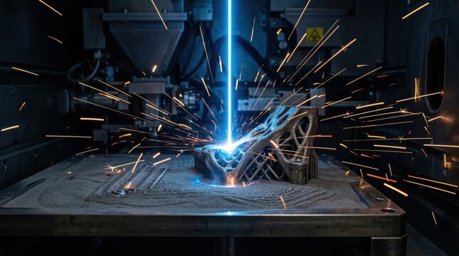 Macro shot of blue laser melting metal powder in 3D printer