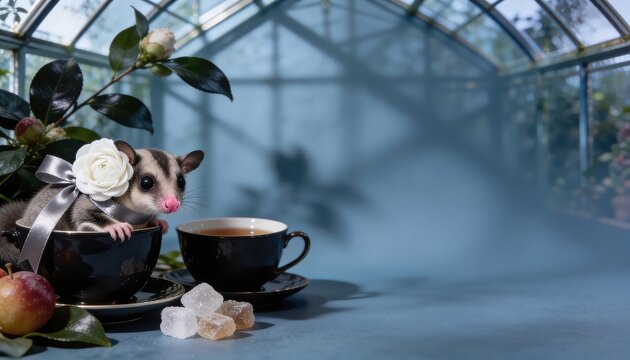 A playful possum peeks out from a tea cup adorned with flowers, surrounded by a serene greenhouse setting.