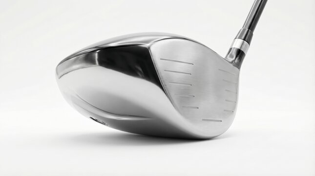 Close-up view of a shiny silver golf driver club head on a white background.