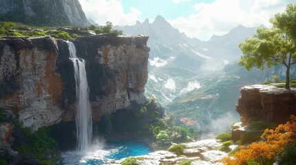 Fototapeta premium Voxel landscape waterfall cascading into turquoise water with distant misty mountains bathed in