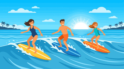 Obraz premium A vibrant flat design illustration capturing several people happily riding the wave, surfboarding at the summer beach. This scene embodies the energetic fun of a summer holiday at the beach.
