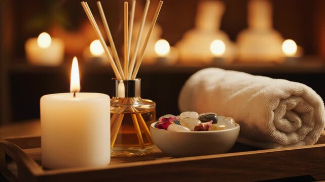 Close-up of a spa setting on a wooden tray with a lit white candle, glass reed diffuser, bowl of polished stones, and rolled cotton towel against a warm, blurred background.