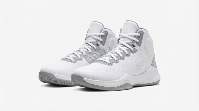 A pair of clean white and grey high-top basketball shoes are displayed against a white background.