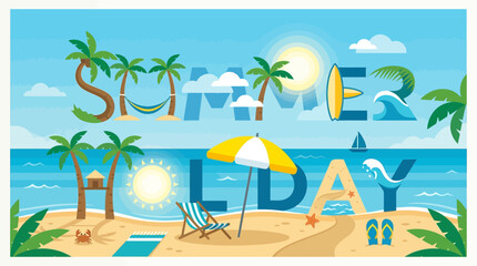 Obraz premium A vibrant flat design illustration featuring the typography 'SUMMER HOLIDAY' creatively integrated into a serene tropical beach scene, perfect for vacation promotions. 