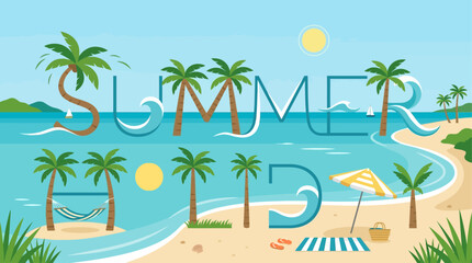 Obraz premium A vibrant flat design illustration featuring the typography 'SUMMER HOLIDAY' creatively integrated into a serene tropical beach scene, perfect for vacation promotions. 