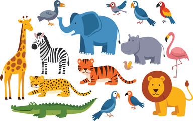 Obraz premium Wild Animal Cartoon Set with Elephant, Lion, Zebra, Giraffe, Tiger, Crocodile, Birds and Safari Wildlife Illustration Collection
