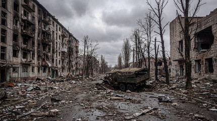 A military vehicle destroyed in a large impact crater amidst the ruins of residential buildings on a devastated street. © Nicole