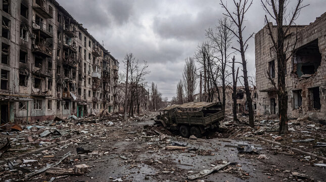 A military vehicle destroyed in a large impact crater amidst the ruins of residential buildings on a devastated street.