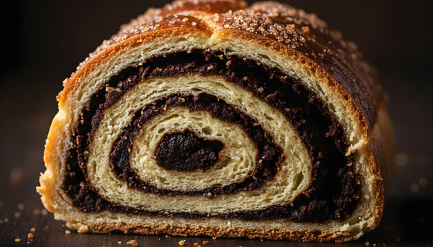 Slice of chocolate babka bread showing sweet swirl layers