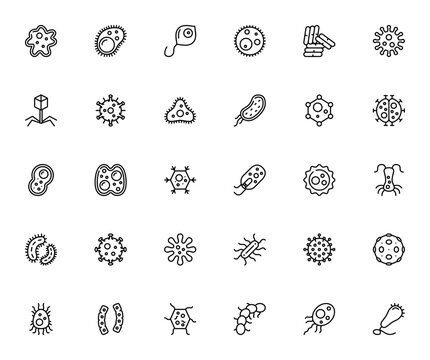 Microorganisms icon set. Vector collection of Amoeba, Bacteria, Virus, and Microbe illustrations. Science and biology symbols pack.