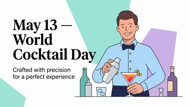 World Cocktail Day with bartender preparing drink, mixology and beverage creation concept, modern flat vector illustration