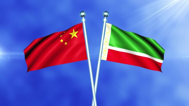 China and Chechen Chechen Republic Flag Waving On Pole Loop
