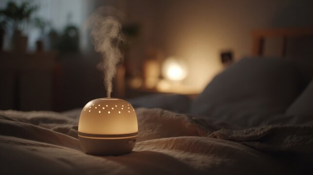 Small ceramic aromatherapy diffuser releasing fragrant mist with soft ambient light in a cozy bedroom setting.