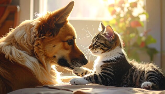 A dog and cat interact on a sunny floor
