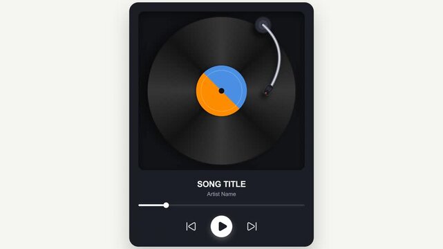 Minimalist digital audio player interface features a rotating vinyl disc with interactive playback elements for modern music streaming app mockups.